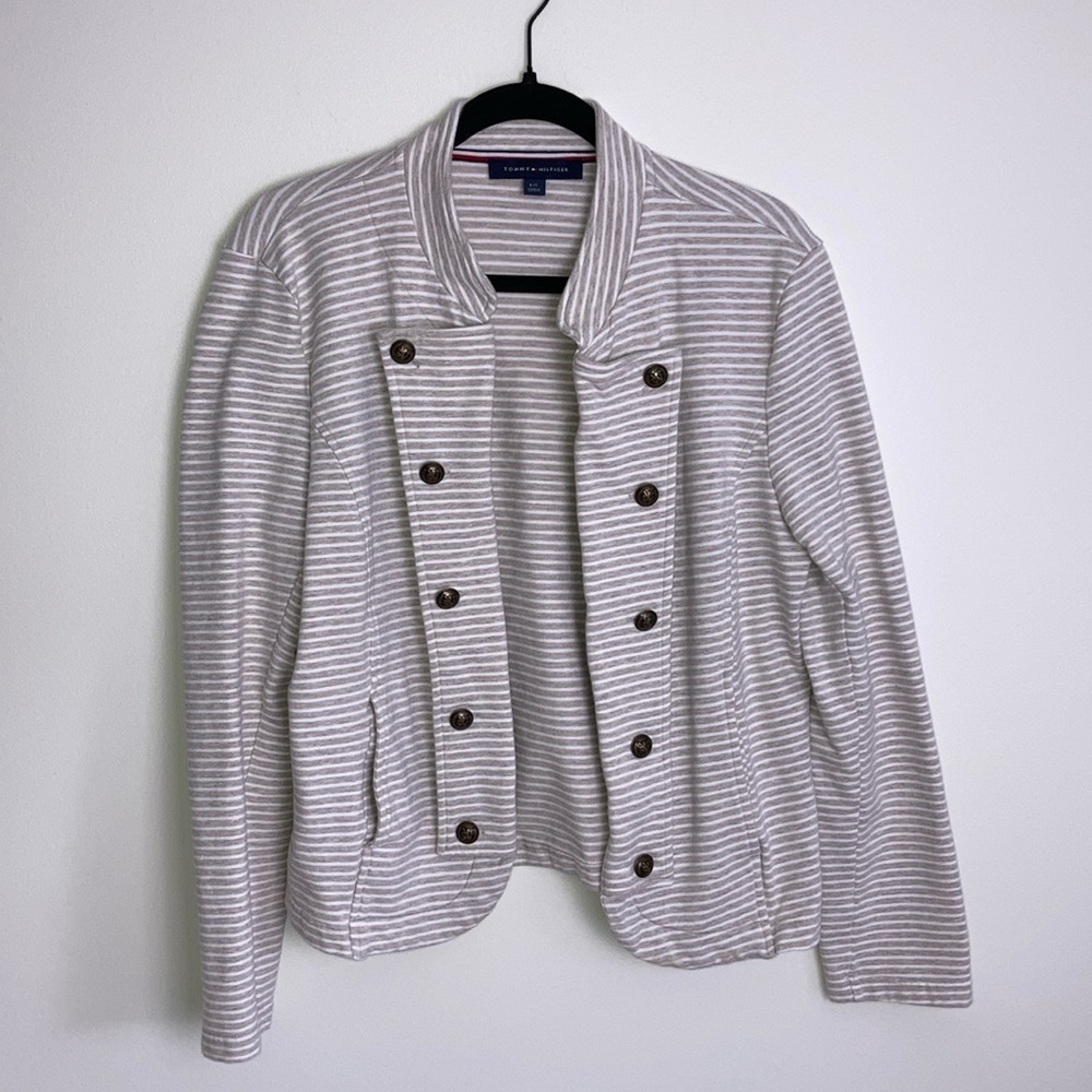 Tommy Hilfiger Military Band Style Jacket Striped Tan Pockets Women's Size Large